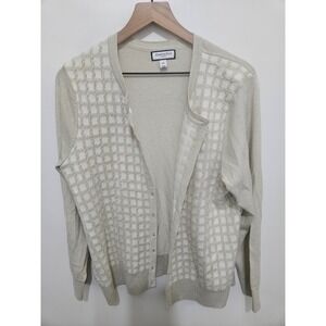 Charter Club Woman Metallic Grid Knit Button Front Cardigan Gold Ivory 2X